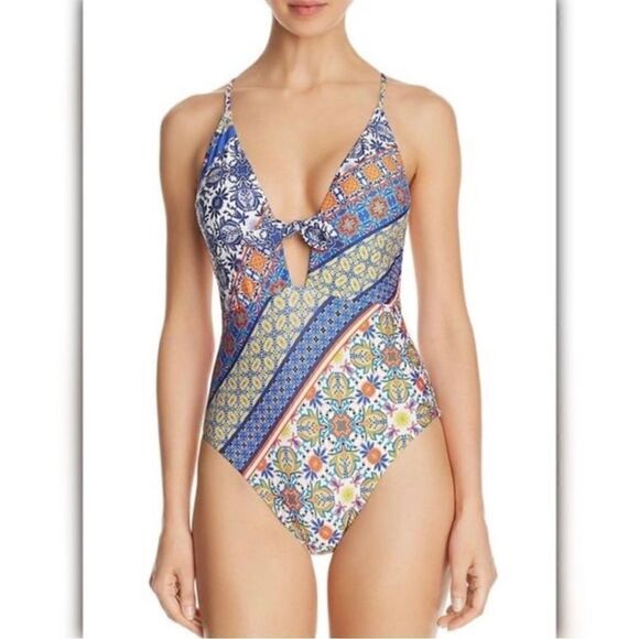 NWT Nanette Lepore Patchwork Goddess one piece swimsuit with key hole front open - Picture 2 of 8